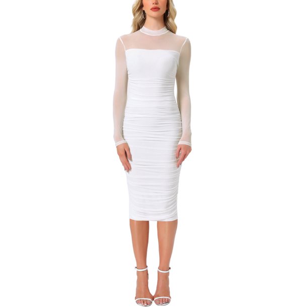 INSPIRE CHIC Vestido de Malla para Mujer Cuello Alto Manga Larga Fruncido Cóctel Vestidos Ajustados L Blanco