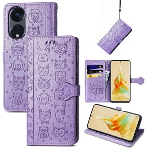 Funda Cartera Foxdock Para Oppo Reno 8T 5G , Flip Pu Con Relieve De Gatos Y Perros, Tarjetero Y Soporte