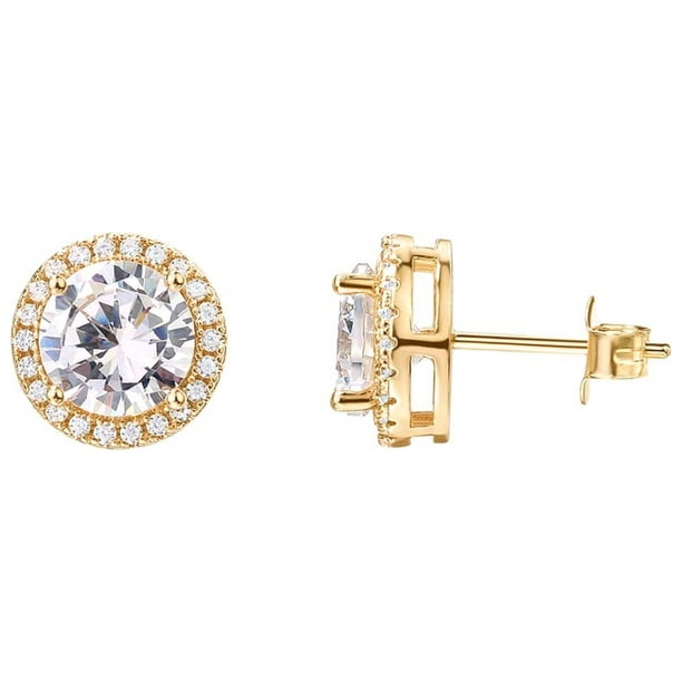 18K White Golden Plated Halo Stud Earrings with Square Cubic Zirconia and Simulated Diamonds