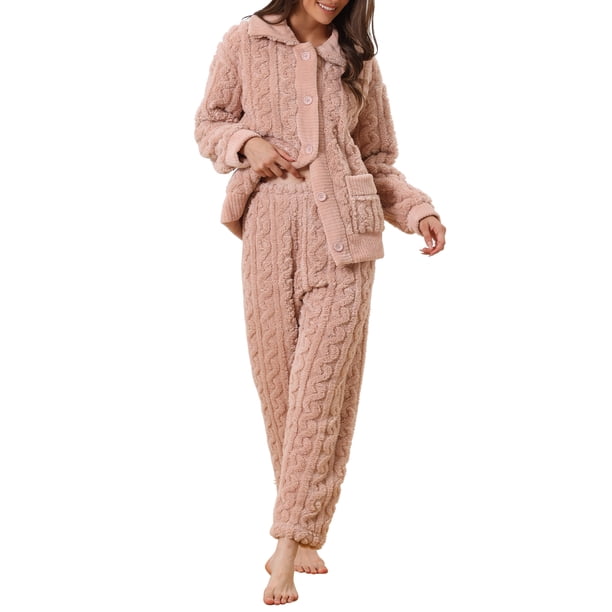 INSPIRE CHIC Conjunto de Pijama de Felpa Esponjosa para Mujer Cómodo con Mangas Largas, Botones, Bolsillos y Cintura Elástica S Rosa