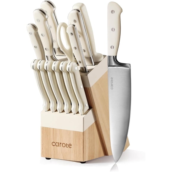 CAROTE 14-Piece Knife Set with Wood Block, Rust-Resistant, Cream