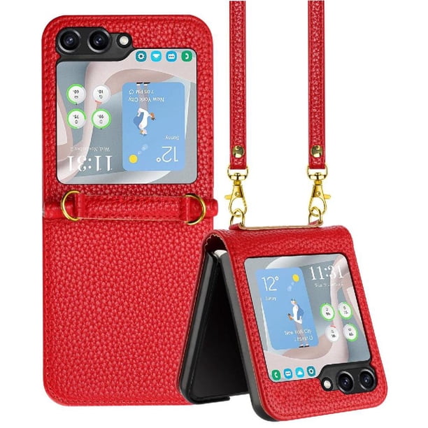 Funda Cartera para Samsung Galaxy Z Flip 6 Tarjetero Soporte Magnético y Correa Rojo