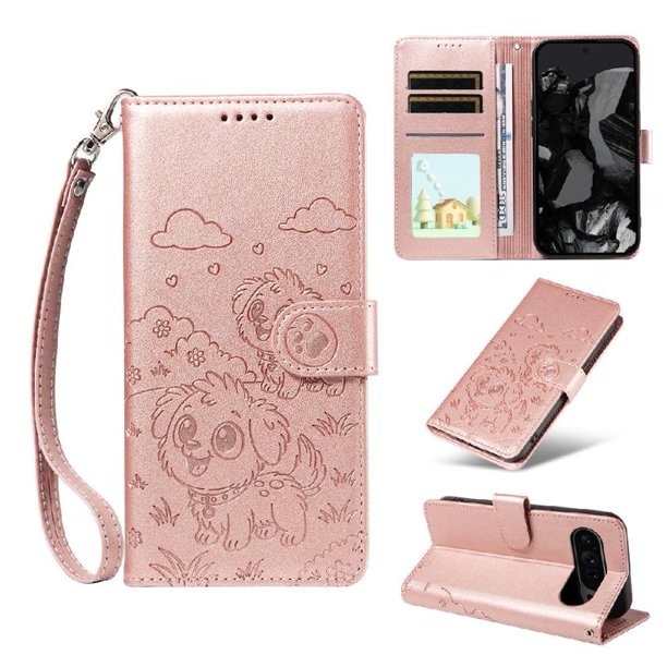Funda Cartera para Google Pixel 9/9 Pro Perro Cachorro Grabado con Tarjetas Soporte Correa Rosa