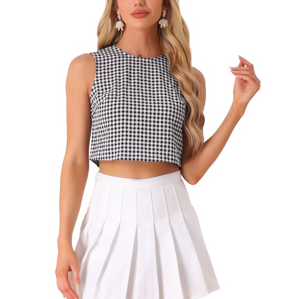 INSPIRE CHIC Blusa sin mangas de mujer para el regreso a clases, estilo vintage de verano, tops de cuadros XL Negro