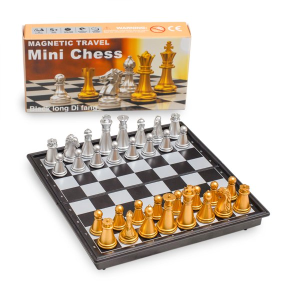 Juego de ajedrez negro largo con colmillo de viaje magnético, 13 cm