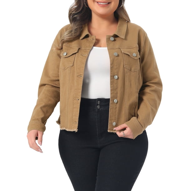 Chaquetas de mezclilla lavadas con bolsillos y cuello vuelto de manga larga para mujer de talla grande Agnes Orinda, talla 2X, color marrón claro
