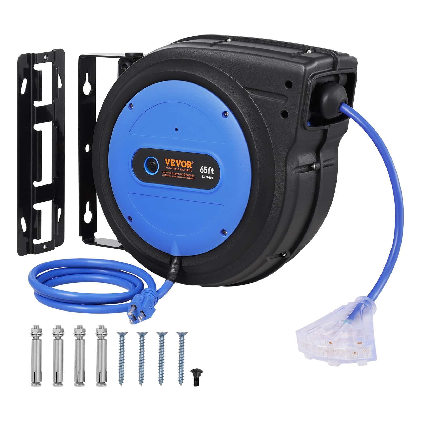 Carrete Retráctil De Cable De Extensión Vevor De 65 Pies Con 3 Salidas, Azul