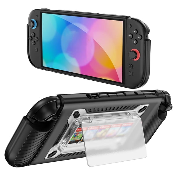 Compatible con Switch 2 Funda con almacenamiento para 5 tarjetas de juego Soporte abatible magnético desmontable Cubierta a prueba de golpes de grado militar
