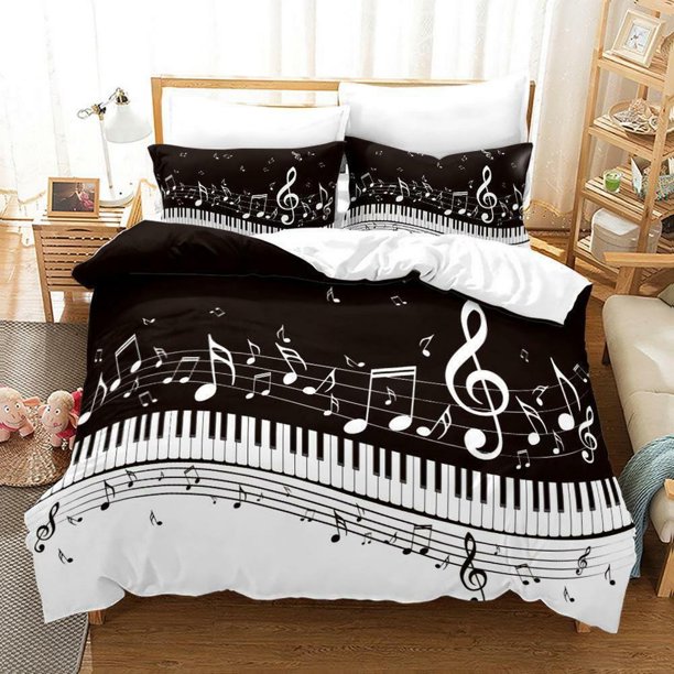Music Note Piano Quilt Duvet Cover Set Bed Linen Bedroom Decor 3-Piece Bedding Set
