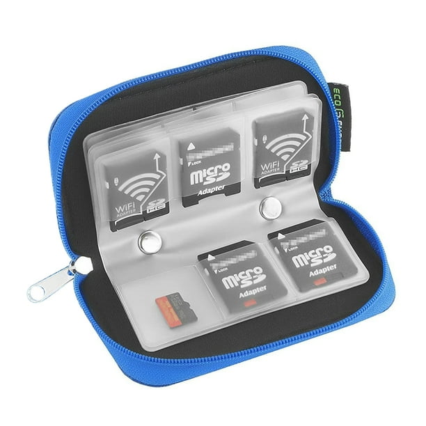 Estuche para tarjetas de memoria: admite tarjetas SD y CF, 22 ranuras para tarjetas (4 grandes y 18 pequeñas). Soporte con 22 ranuras. Incluye paño de limpieza de microfibra.