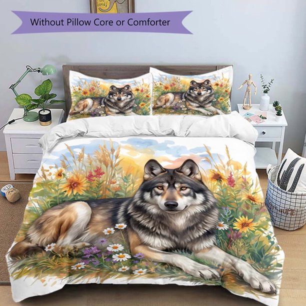 Wolf's Peaceful Rest Amidst Nature's Bounty Quilt Cover Set - Soft and Cozy Bedroom Guest Room and Dorm Decorative Bedding Set 1 Quilt Cover + 2 Pillow Shams.J1