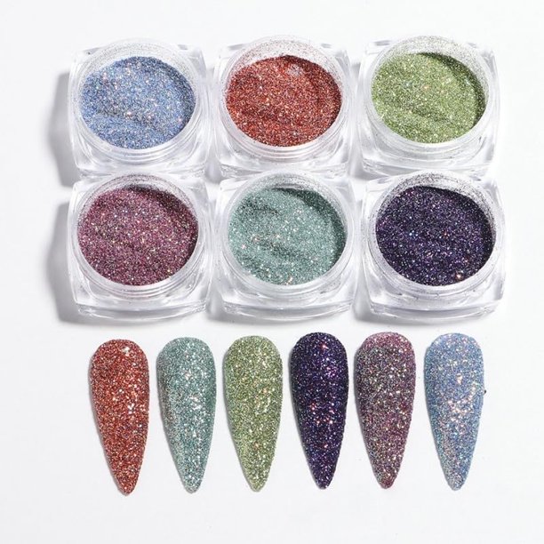 Set purpurina uñas 6 colores escamas gruesas arcoíris lentejuelas polvo reflectante alto brillo