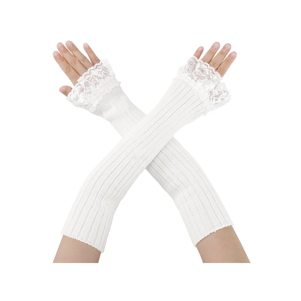 Guantes sin dedos de punto para mujer, adorables calentadores de brazos de encaje Y2K para chicas dulces, cosplay femenino, fiesta en club, estilo universitario, blanco