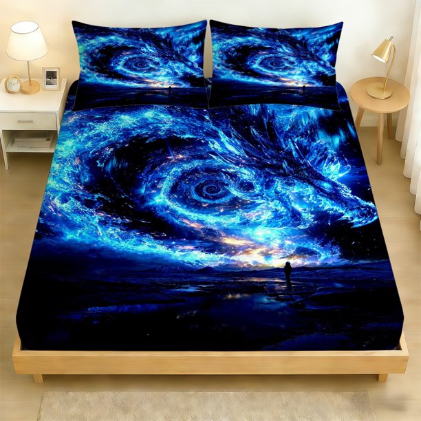 3pcs Blue Energy Vortex Pattern Digital Printing Three-Piece Set Polyester Skin-Friendly Fabric Anti-Pilling