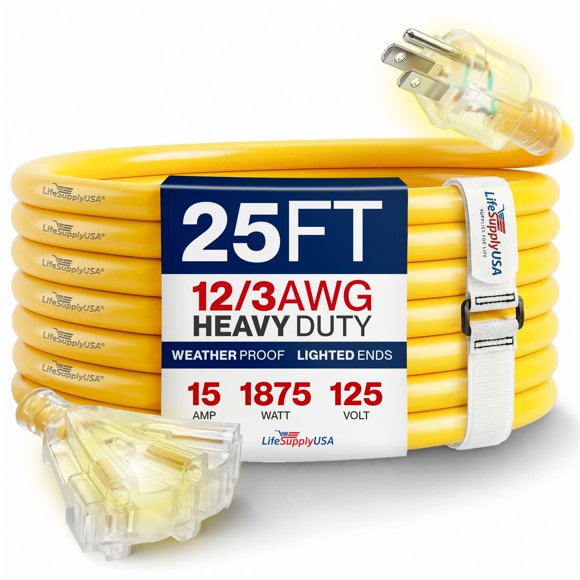 Cable de extensión LifeSupplyUSA 7,6 m calibre 12/3 con 3 tomas
