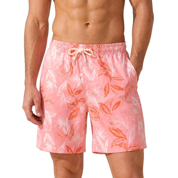 INSPIRE CHIC Pantalones Cortos de Playa con Estampado de Hojas Tropicales para Hombre, Forrados y con Cordón, L Rosa