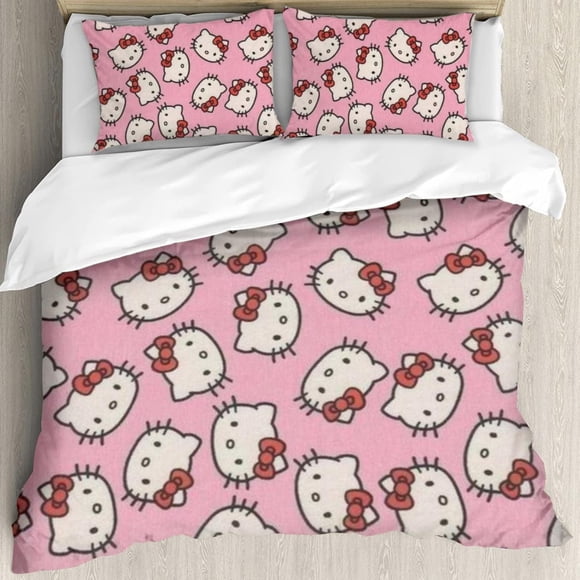 Hello Cat Kitty 3 Piece Twin Bed Set - Includes Comforter & Pillowcases - Bedding Features Anime Cats - Super Soft Fade Resistant Microfiber