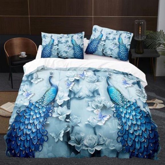 Colorful Feather Peacock Quilt Duvet Cover Set Bedclothes Bedspread Children3-Piece Bedding Set