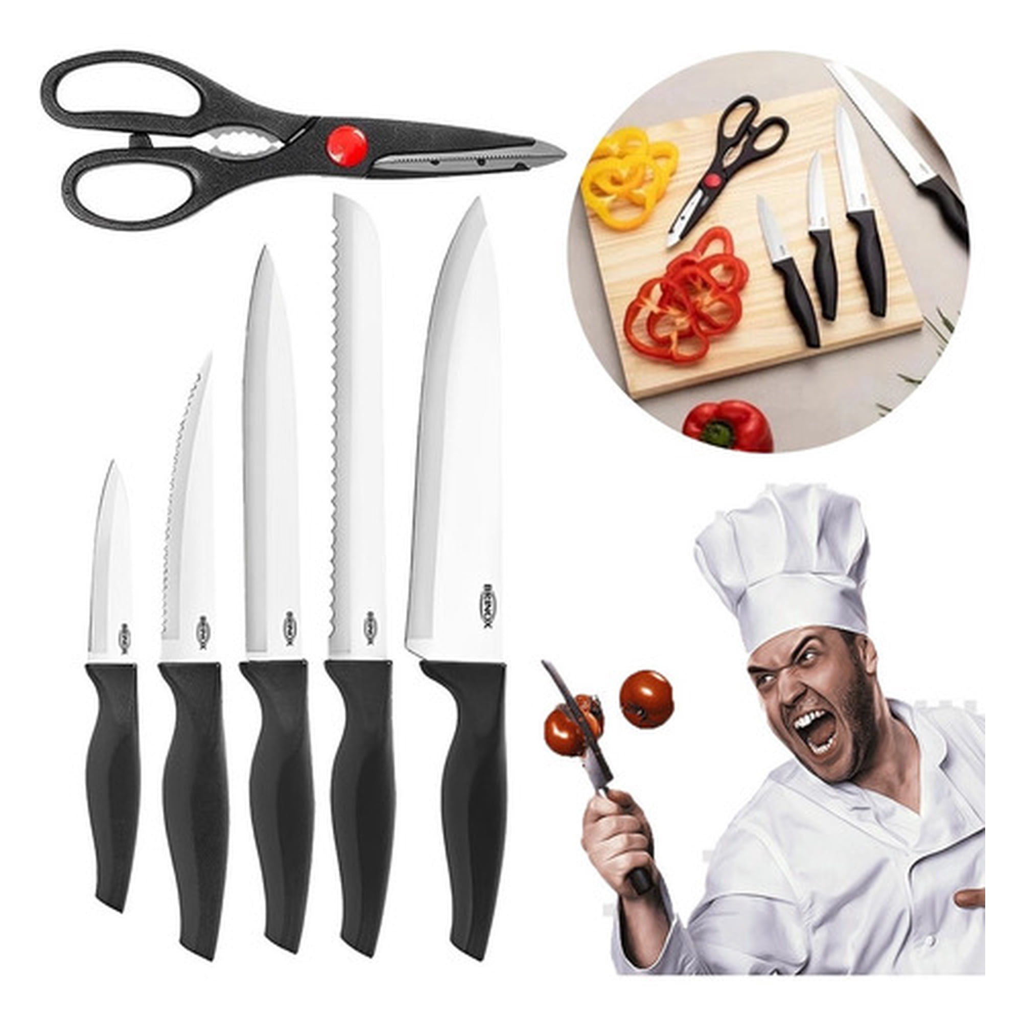 Juego De 6 Piezas De 5 Cuchillos Y Tijeras Brinox De Acero Inoxidable Para Pan, Carne Y Verduras, Color Acero Inoxidable Con Mango Negro