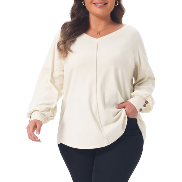 Agnes Orinda Conjuntos de Halloween Blusas de Talla Grande para Mujer Cuello en V Manga Larga Globo Botón Decorativo Plisada Elegante Blusa 2X Albaricoque