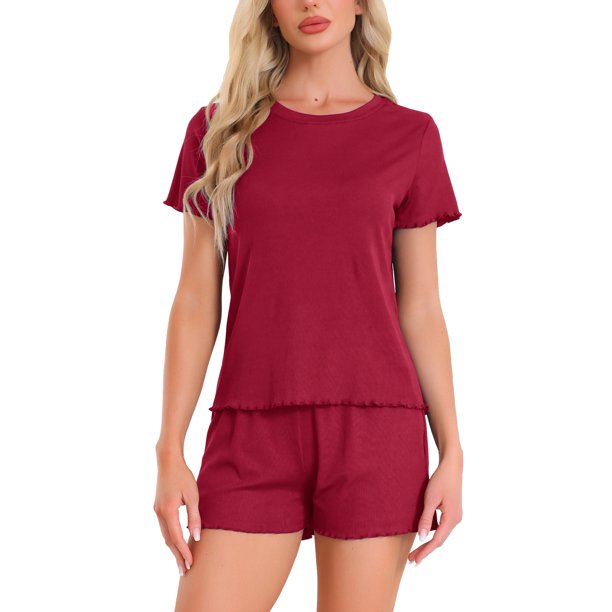 INSPIRE CHIC Conjuntos de Pijama para Mujer, Camiseta de Manga Corta con Cuello Redondo y Shorts con Volantes, Conjunto de 2 Piezas para Estar en Casa con Bolsillo M Rojo