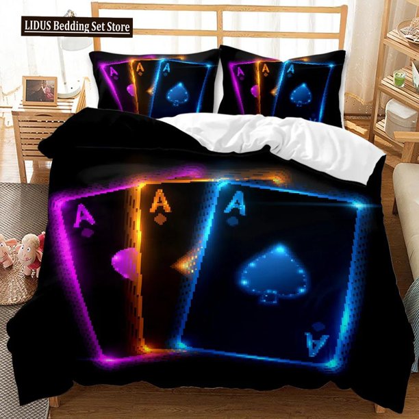 v964 Bed Sheets Poker Duvet Cover Set Card Game Bedding Set Gamer Playing Duvet Cover Retro Game Adults Double Queen King Polyester Qulit Cover 3-Piece Bedding Set (1 Duvet Cover + 2 Pillow Shams) Bed