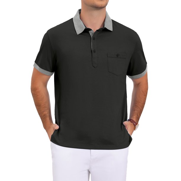 INSPIRE CHIC Camisas de Polo de Golf de Verano para Hombre con Cuello en Contraste y Bolsillo de Manga Corta M Negro