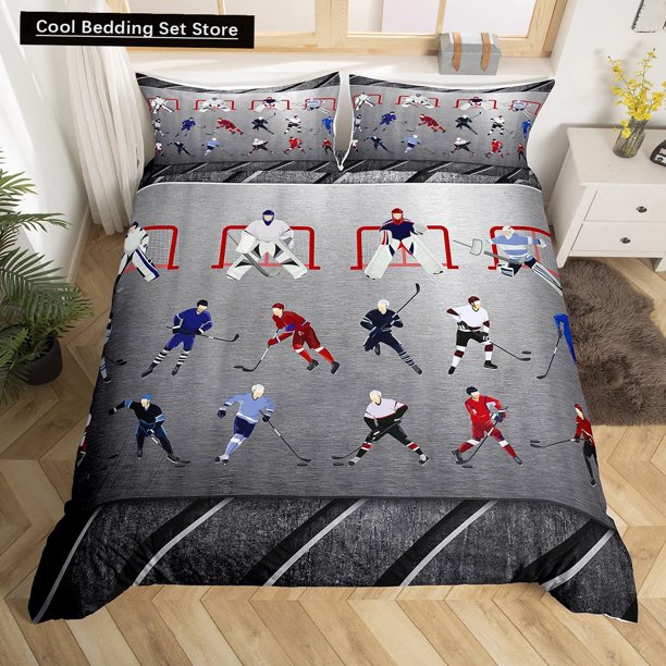 x1016 Bed SheetsIce Hockey Duvet Cover Puck Hockey Player Winter Event Bedding Set Boys Sports Game Quilt Cover Black Polyester Comforter Cover 3-Piece Bedding Set (1 Duvet Cover + 2 Pillow Shams) nj1