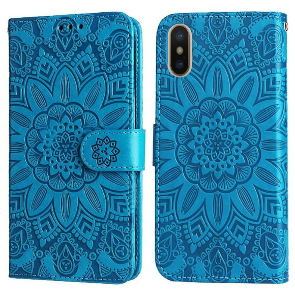 Funda tipo cartera FOXDOCK para iPhone X/Xs , diseño girasol en relieve, cuero PU, cierre magnético, soporte y tarjetero
