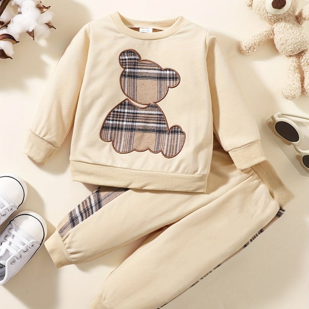 Get Your Little Ones Cozy and Cute with Our 2-Piece Toddler Baby Bear Embroidery Sweatshirt and Splicing Pant Set - Perfect for Casual Wear!