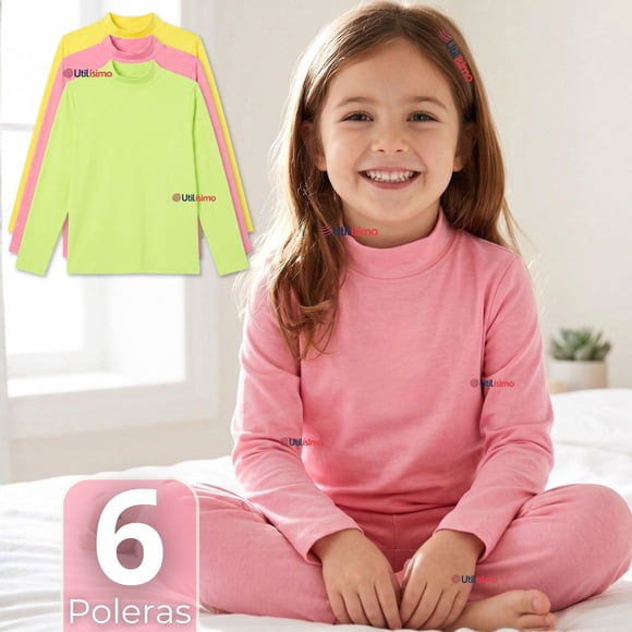 Pack 6 Poleras Camisetas Polar Primera Capa Cuello Beatle Manga Larga Colores Surtido Niña