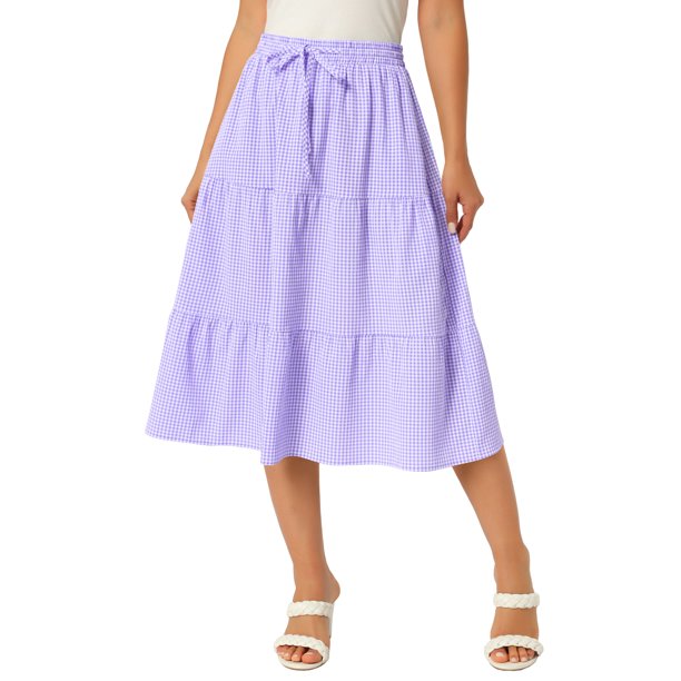 INSPIRE CHIC Falda de Cuadros para Mujer Regreso a Clases Verano Casual Cintura con Cordón Falda Midi de Línea A con Volantes Cuadros Lila S