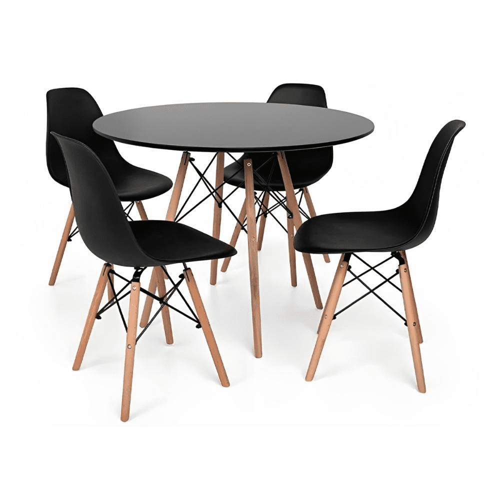 Klik Muebles - Comedor Mesa Eames Redonda Negra 100cm + 4 Sillas Eames Negras