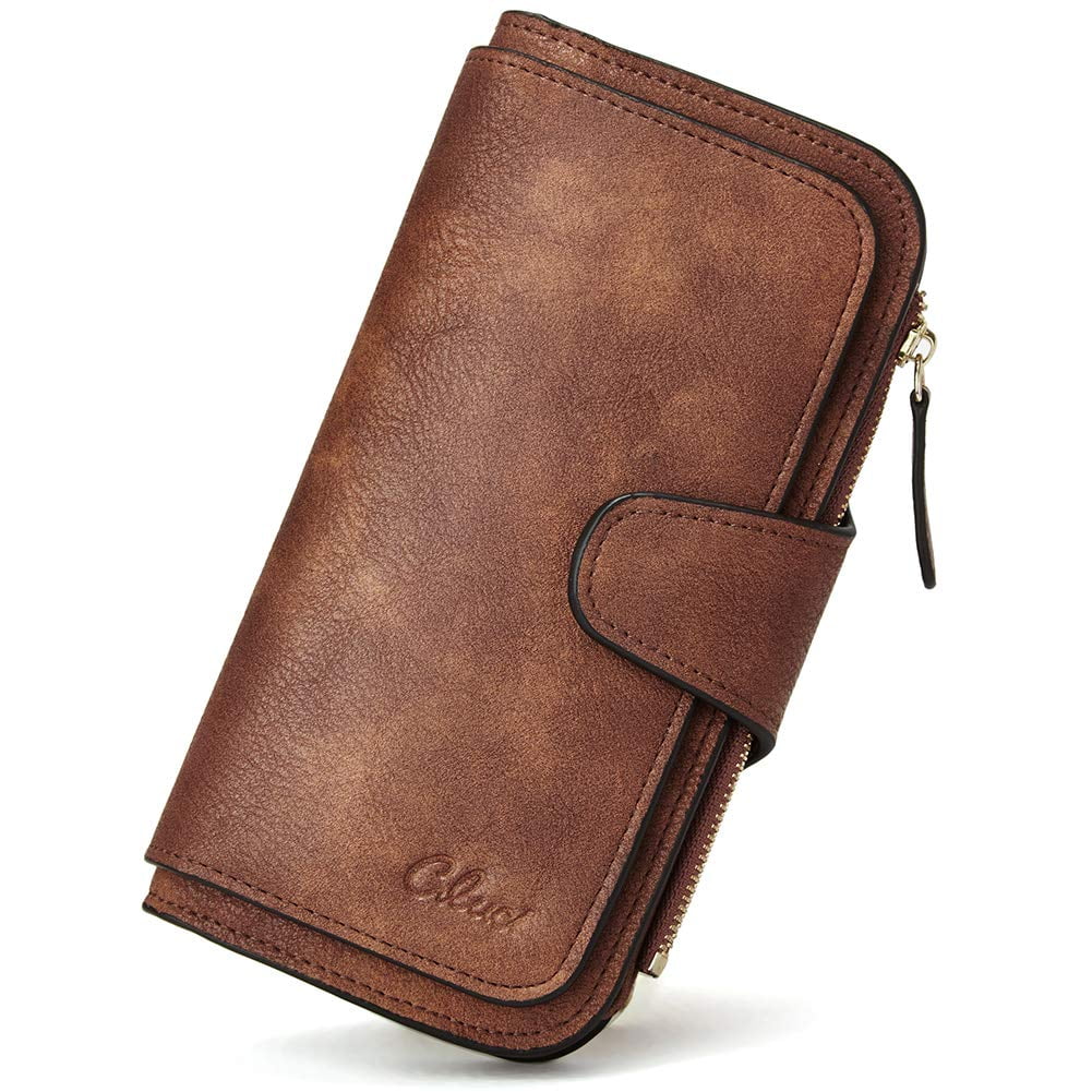 Billetera Cluci De Piel Para Mujer Con Bloqueo Rfid, Triple Pliegue, Marrón