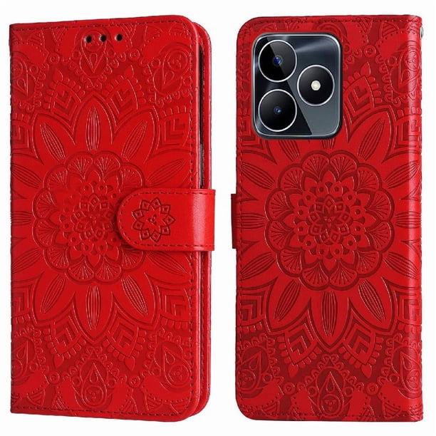 Funda tipo cartera FOXDOCK para Realme C53 , diseño girasol en relieve, cuero PU, cierre magnético, soporte y tarjetero