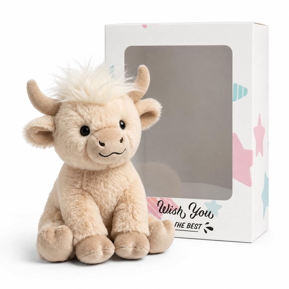 Peluche SHSEEN Vaca de las Tierras Altas 20 cm Blanco con Caja de Regalo
