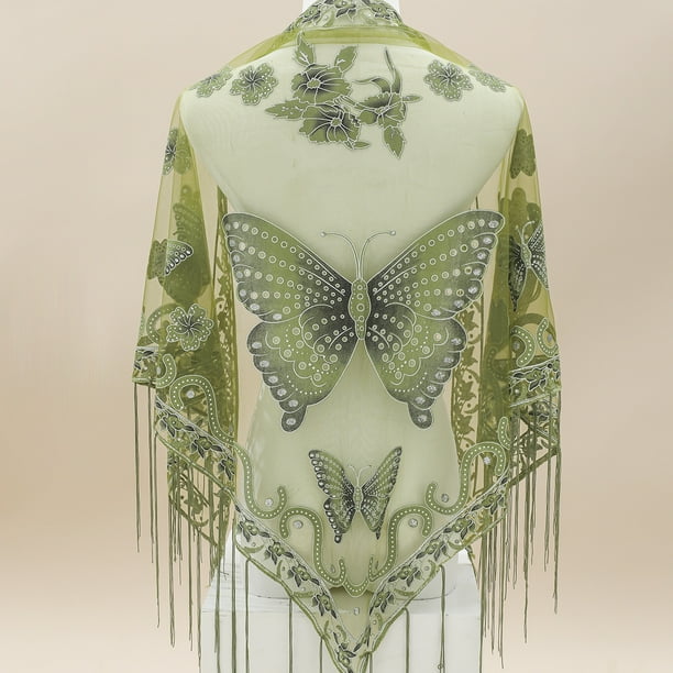 29.5"×55.1" Triangle Scarf Butterfly Flower Embroidery Lace Tassel Shawl Elegant Breathable Windproof Wrap Outdoor Accessories