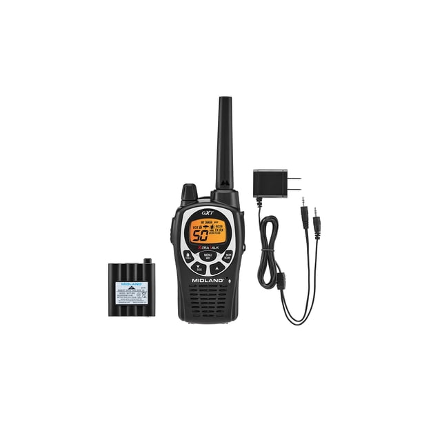 Radio bidireccional GMRS Midland GXT1000AZ (50 canales, largo alcance, 142 códigos de privacidad, SOS, NOAA, batería recargable de níquel, negro/plata, paquete individual)