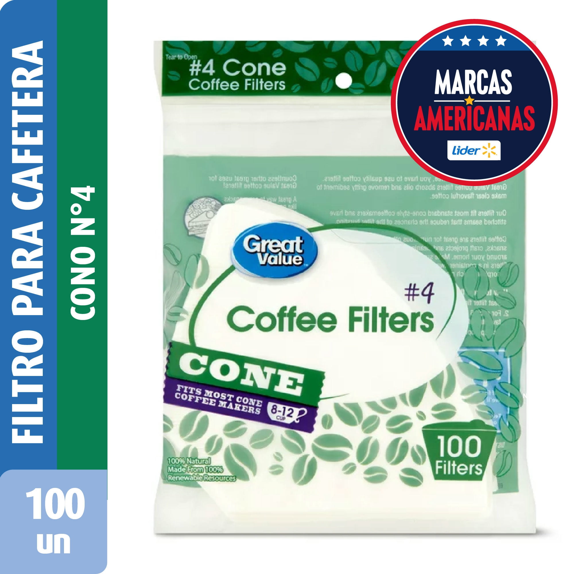 Filtro Para Cafetera Cono #4 Bolsa 100 Un Great Value