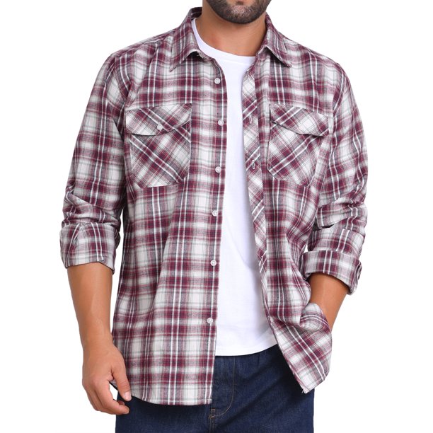 INSPIRE CHIC Camisas de Hombre de Manga Larga Ajustadas con Botones y Bolsillo 2XL Burdeos a Cuadros de Colores Contrastantes