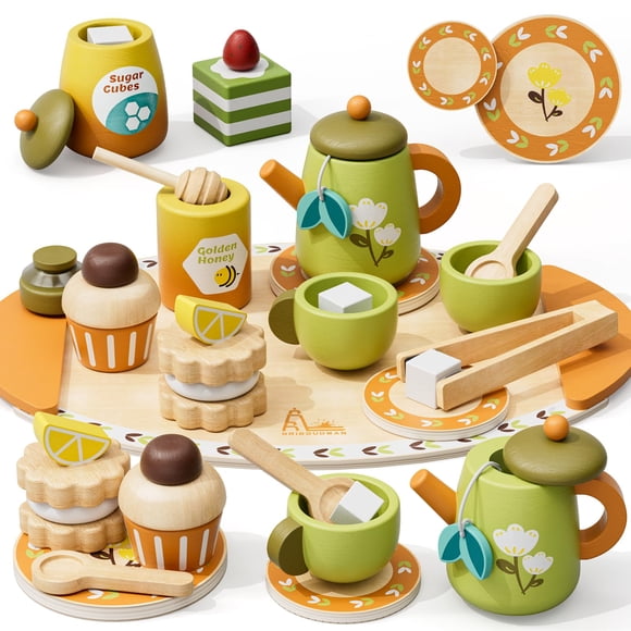 Juego de té de madera RRIBOUDWAN para niños pequeños de 3 a 5 años