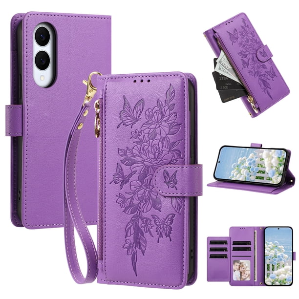 Funda Billetera Floral en Relieve samsung galaxy S25 edge con Tarjetero y Cremallera Morado