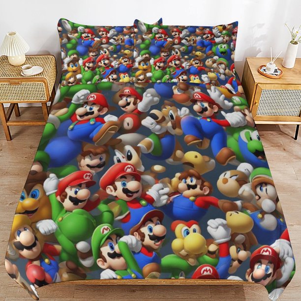 Super Mario 3-Piece Comforter Set for Bedroom Super Mario Bedding Set for Kids Adults Soft Microfiber Duvet Cover Set with Zipper Closure