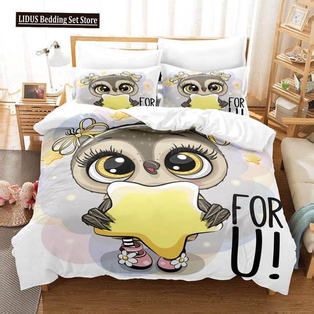 v1035 Bed Sheets Owl Duvet Cover Set King Queen Size Funny Cartoon Soft Decorative Kids Children Polyester Bedspread Cover For Kids Boys Girls 3-Piece Bedding Set (1 Duvet Cover + 2 Pillow Shams) Bed