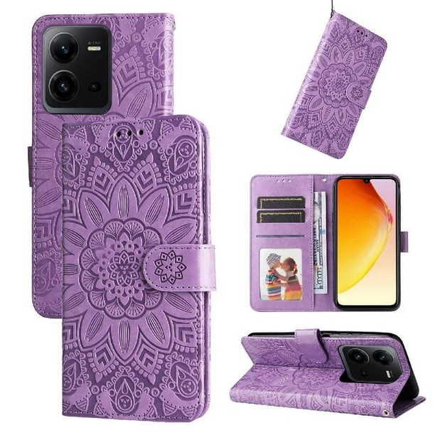 Funda tipo cartera FOXDOCK para Vivo V25E 4G , diseño girasol en relieve, cuero PU, cierre magnético, soporte y tarjetero