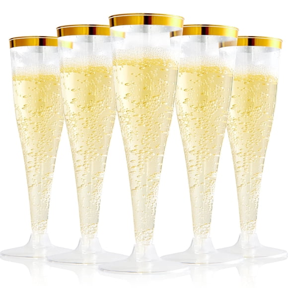Copas de champán de plástico FOCUSLINE, 100 unidades, 130 ml, borde dorado