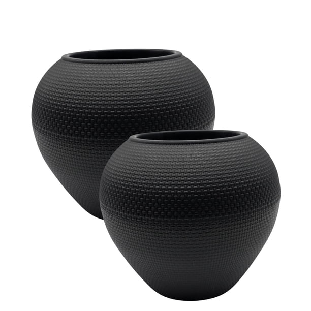 Set 2 Maceteros Plastico Redondo Ovalado Moderno Textura S negro