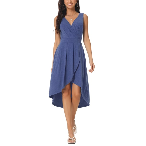 INSPIRE CHIC Vestidos de Verano sin Mangas para Mujer, Vestido de Sol con Cuello en V Cruzado, Dobladillo Alto Bajo Plisado, con Bolsillos, Talla M, Azul Oscuro
