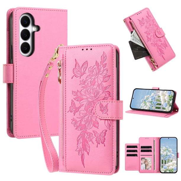 Funda Billetera Floral en Relieve samsung galaxy S26 PLUS con Tarjetero y Cremallera Rosa