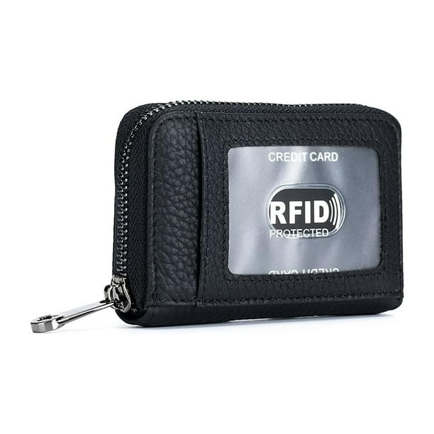 Cartera de cuero para tarjetas de crédito, con cremallera tipo acordeón, tarjetero RFID, monedero pequeño con ventana para identificación